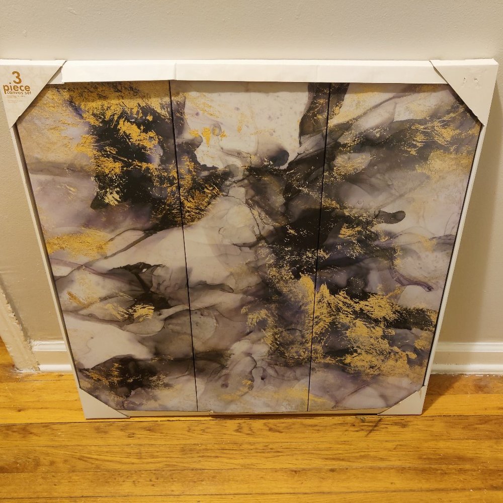Light Gray, Dark gray, metallic gold, and lavender 3-piece painting